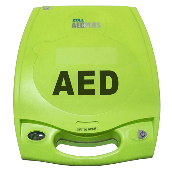 Lime green ZOLL AED Plus Automated External Defibrillator with 'AED' written on the front